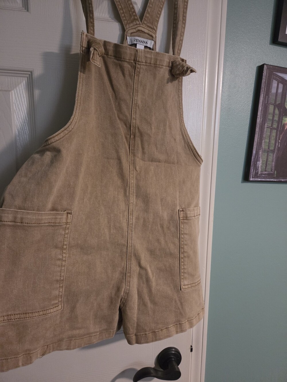 Zenana Outfitters Lt Camel Denim Overall Jumper with Knot Straps - Picture 6 of 6